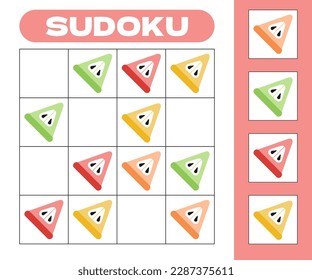 Sudoku 4x4 game for children with sliced colorful apples. Kids activity sheet with fruits. Children puzzle, logical riddle, educational rebus for kids books magazins. Vector illustration.