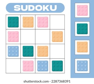 Sudoku 4x4 logical game for kids with colorful blocks. Preschool educational rebus with square elements. Children puzzle, riddle for books magazins. Vector illustration.