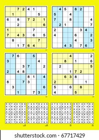 Sudoku with the 8x8 grid. Symmetrical. Medium and hard. 26, 24, 22, 20 clues. Vector set.