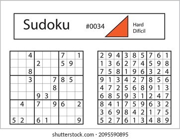 Sudoku with answer 0034. Level Hard.
  Puzzle game with numbers.