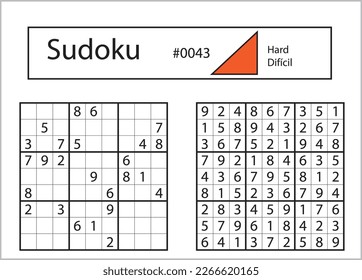 Sudoku mit Antwort 0043. Level Hard.
  Puzzle-Spiel mit Zahlen. Puzzleau