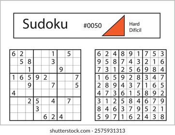 Sudoku with answer 0050. Level Hard.
  Puzzle game with numbers. jigsaw