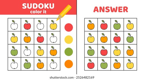 Sudoku con manzanas. Sudoku para colorear con manzana. Juego para niños. Dibujos animados, Vector, eps 10
