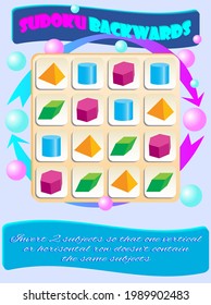 Sudoku BACKWARDS for kids with colorful geometric figures. Game for preschool kids, training logic