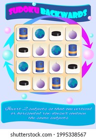 Sudoku BACKWARDS for kids with colorful subjects. Game for preschool kids, training logic