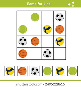 Sudoku with balls for various sports games. Children's educational game, logical task. Riddle, quiz for kids