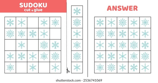 Sudoku with beautiful snowflakes. Game puzzle for kids. Cut and glue. Cartoon, isolated, vector, eps 10