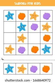 Sudoku with bright seashells and starfish. Logical puzzle for kids