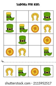 Sudoku with cartoon Saint Patrick day symbols. Logical game for children.