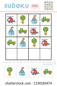 Sudoku for children, education game. Cartoon set of transport objects - Balloons, Pickup, Helicopter and Yacht. Use scissors and glue to fill the missing elements