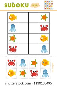 Sudoku for children, education game. Cartoon sea animals - Octopus, Turtle, Crab, Fish. Use scissors and glue to fill the missing elements