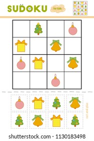 Sudoku for children, education game. Cartoon Christmas objects - bell, Christmas tree, ball, gift. Use scissors and glue to fill the missing elements