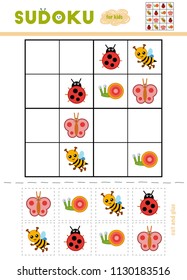 Sudoku for children, education game. Cartoon insects - Ladybug, Butterfly, Snail, Bee. Use scissors and glue to fill the missing elements
