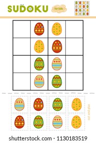 Sudoku for children, education game. Cartoon set of Easter eggs. Use scissors and glue to fill the missing elements
