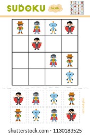 Sudoku for children, education game. Cartoon characters - Superhero, Sheriff, Robot, Vampire. Use scissors and glue to fill the missing elements
