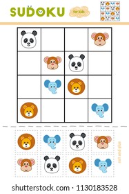 Sudoku for children, education game. Cartoon animals - Monkey, Lion, Elephant, Panda. Use scissors and glue to fill the missing elements
