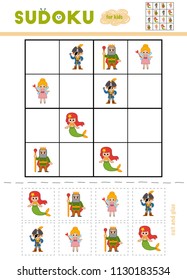 Sudoku for children, education game. Cartoon characters - Fairy, Mermaid, King and Pirate. Use scissors and glue to fill the missing elements
