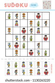 Sudoku for children, education game. Cartoon characters - Knight, Superhero, Sheriff, Pirate, Wizard and Vampire. Use scissors and glue to fill the missing elements