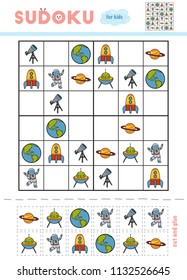 Sudoku for children, education game. Cartoon set of space objects. Use scissors and glue to fill the missing elements