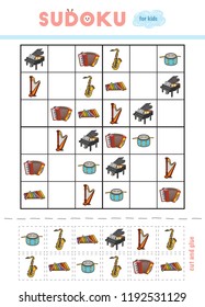 Sudoku for children, education game. Musical instruments - Saxophone, Xylophone, Accordion, Grand piano, Pedal harp, Drum. Use scissors and glue to fill the missing elements