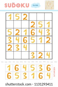 Sudoku for children, education game. Set of cartoon numbers. Use scissors and glue to fill the missing elements