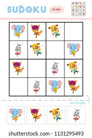 Sudoku for children, education game. Set of cartoon characters - Zebra, Elephant, Dog and Fox. Use scissors and glue to fill the missing elements