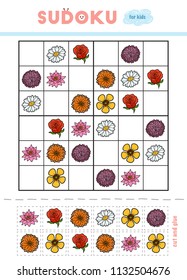 Sudoku for children, education game. Set of flowers. Use scissors and glue to fill the missing elements