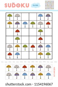 Sudoku for children, education game. Set of umbrellas. Use scissors and glue to fill the missing elements