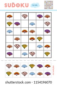 Sudoku for children, education game. Set of cartoon fans. Use scissors and glue to fill the missing elements