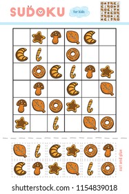 Sudoku for children, education game. Set of Christmas cookies. Use scissors and glue to fill the missing elements