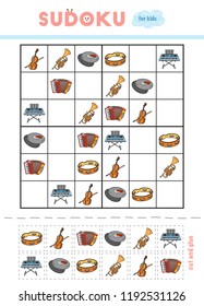 Sudoku for children, education game. Set of musical intstruments - Accordion, Tambourine, Cymbals, Cello, Synthesizer, Trumpet. Use scissors and glue to fill the missing elements