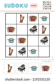 Sudoku for children, education game. Set of musical intstruments - Accordion, Grand  piano, Pedal harp, Drum. Use scissors and glue to fill the missing elements