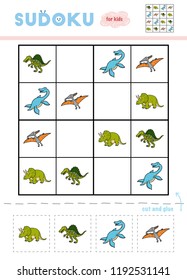 Sudoku for children, education game. Set of dinosaurs - Elasmosaurus, Pteranodon, Triceratops, Spinosaurus. Use scissors and glue to fill the missing elements