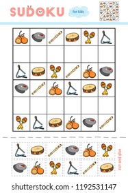 Sudoku for children, education game. Set of musical intstruments - Maracas, Cymbals, Triangle, Castanet, Tambourine, Block flute. Use scissors and glue to fill the missing elements