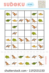 Sudoku for children, education game. Set of dinosaurs - Euoplocephalus, Pteranodon, Triceratops, Stegosaurus, Deinonychus, Tyrannosaurus. Use scissors and glue to fill the missing elements