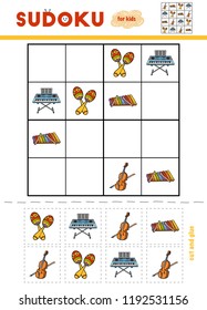 Sudoku for children, education game. Set of musical intstruments - Maracas, Cello, Xylophone, Synthesizer. Use scissors and glue to fill the missing elements