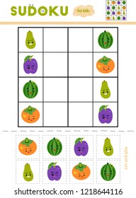 Sudoku for children, education game. Set of fruits with funny faces. Use scissors and glue to fill the missing elements
