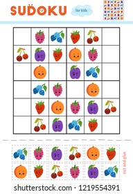 Sudoku for children, education game. Set of berries with funny faces. Use scissors and glue to fill the missing elements