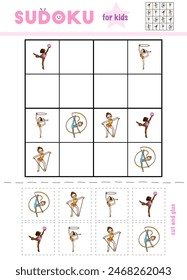 Sudoku for children, education game. Set of cartoon rhythmic gymnasts. Use scissors and glue to fill the missing elements