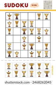 Sudoku for children, education game. Set of cartoon Sports trophy cups. Use scissors and glue to fill the missing elements
