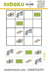 Sudoku for children, education game. Set of sport football objects and accessories. Use scissors and glue to fill the missing elements