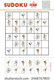 Sudoku for children, education game. Set of cartoon rhythmic gymnastic girls with sport objects. Use scissors and glue to fill the missing elements