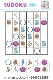 Sudoku for children, education game. Set of cartoon rhythmic gymnastic objects. Use scissors and glue to fill the missing elements