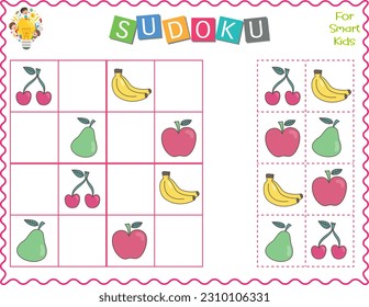 Sudoku for children, is an educational game. Cartoon fruit set apple, banana, pear, and cherry. Use scissors and glue to fill in the missing elements. Logical thinking with fine motor skills for kids