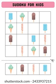 Sudoku for children with ice cream. Kids activity sheet .Fun sudoku puzzle with ice cream illustration. Children educational activity worksheet.