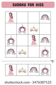 Sudoku for children with princess, castle and carriage. Kids activity sheet .Fun sudoku puzzle with princess, castle and carriage illustration. Children educational activity worksheet.	