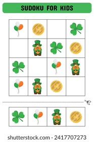 Sudoku for children with St. Patrick's Day elements. A logic game for preschoolers. Printable sheet. Vector illustration