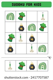 Sudoku for children with St. Patrick's Day elements. A logic game for preschoolers. Printable sheet. Vector illustration