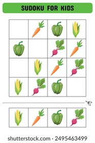 Sudoku para niños con verduras.  Hoja de actividades para niños.  Un juego de lógica para preescolares. Hoja imprimible. Ilustración vectorial