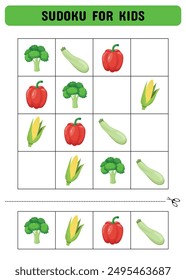 Sudoku para niños con verduras.  Hoja de actividades para niños.  Un juego de lógica para preescolares. Hoja imprimible. Ilustración vectorial